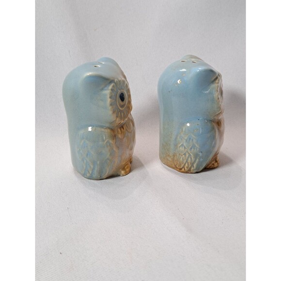 Glazed Ceramic Owl Salt and Pepper Shakers S&P Blue and Tan Unused CUTE - Picture 6 of 9